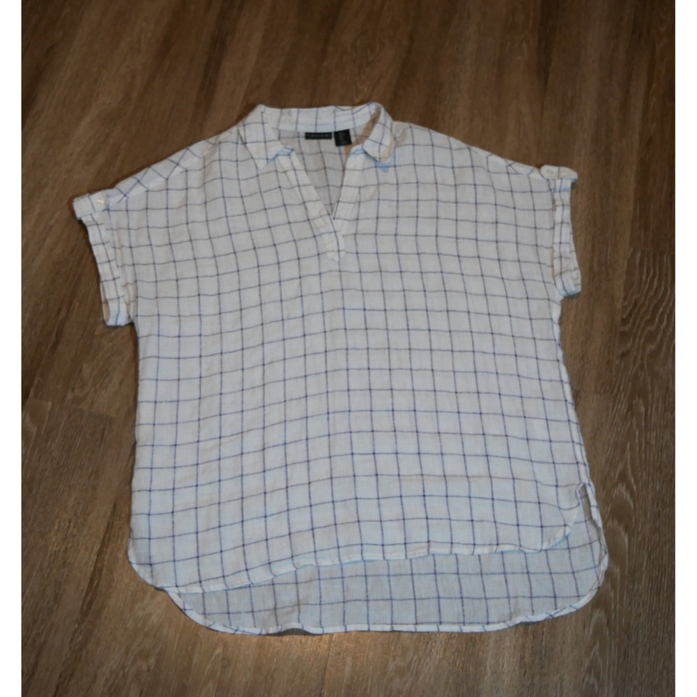 Tahari Womens Large Blue‎ White Windowpane Check Linen Blend V-Neck Blouse Top